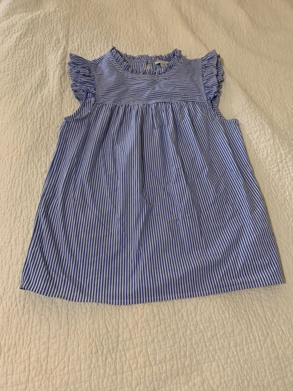 J. Crew Blue and White Striped Ruffle Sleeve Blouse